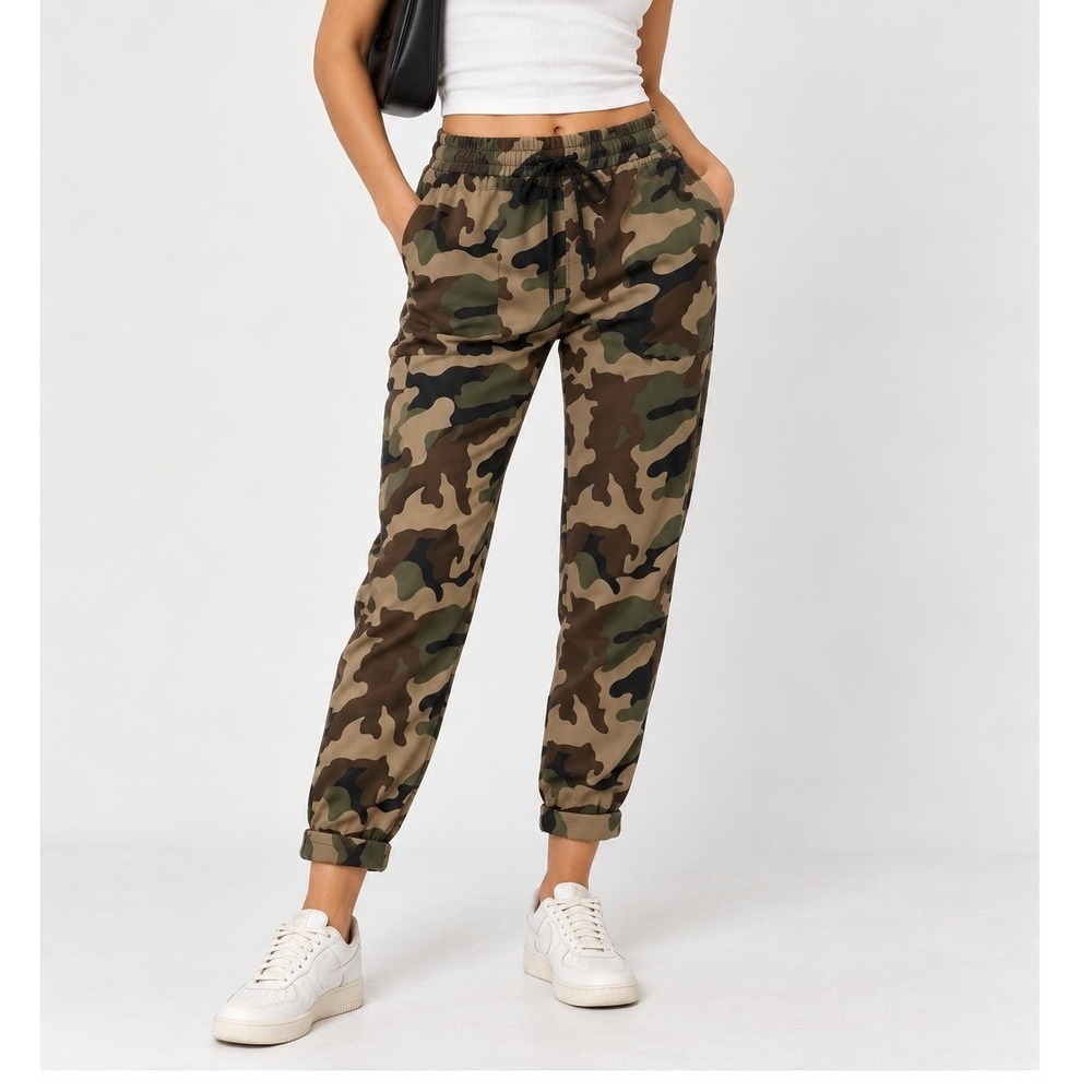 True Religion Women's XS Camo Jogger Pants Relaxed Utility Drawstring Rolled Hem